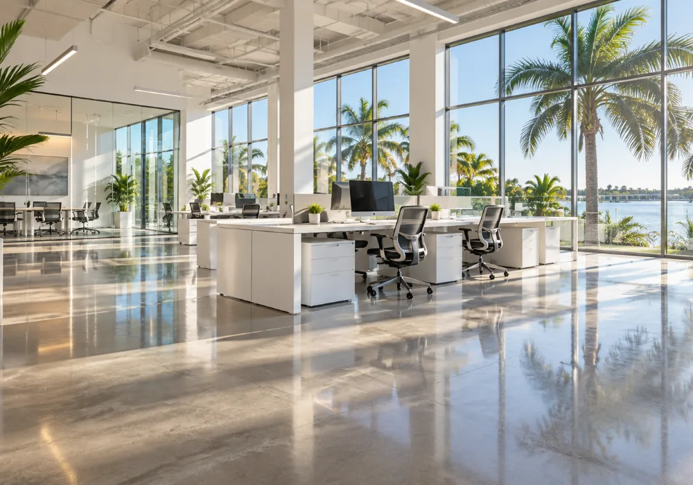 Open-plan office with polished floors and tidy desks overlooking palm trees and the water