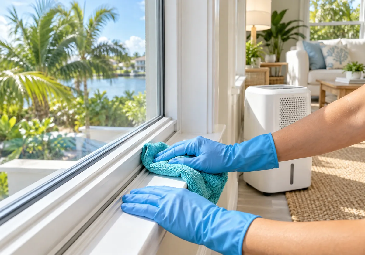 Gloved hands wiping a window sill with a microfiber cloth beside a dehumidifier in a sunny Florida living room