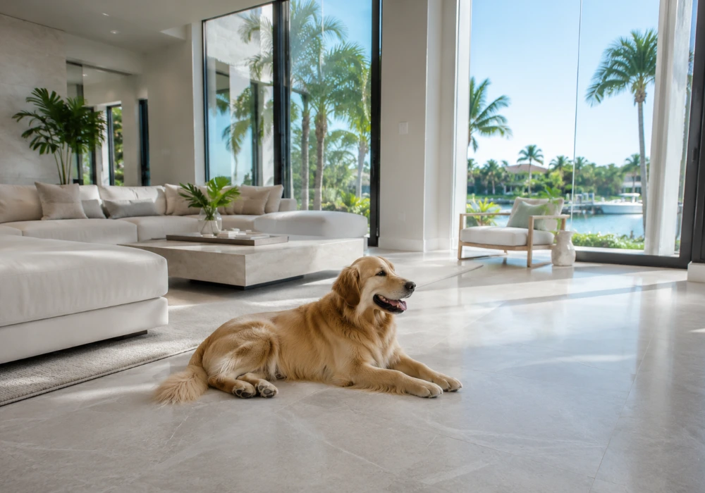 Golden retriever lying on a spotless stone floor in a bright living room with waterfront views