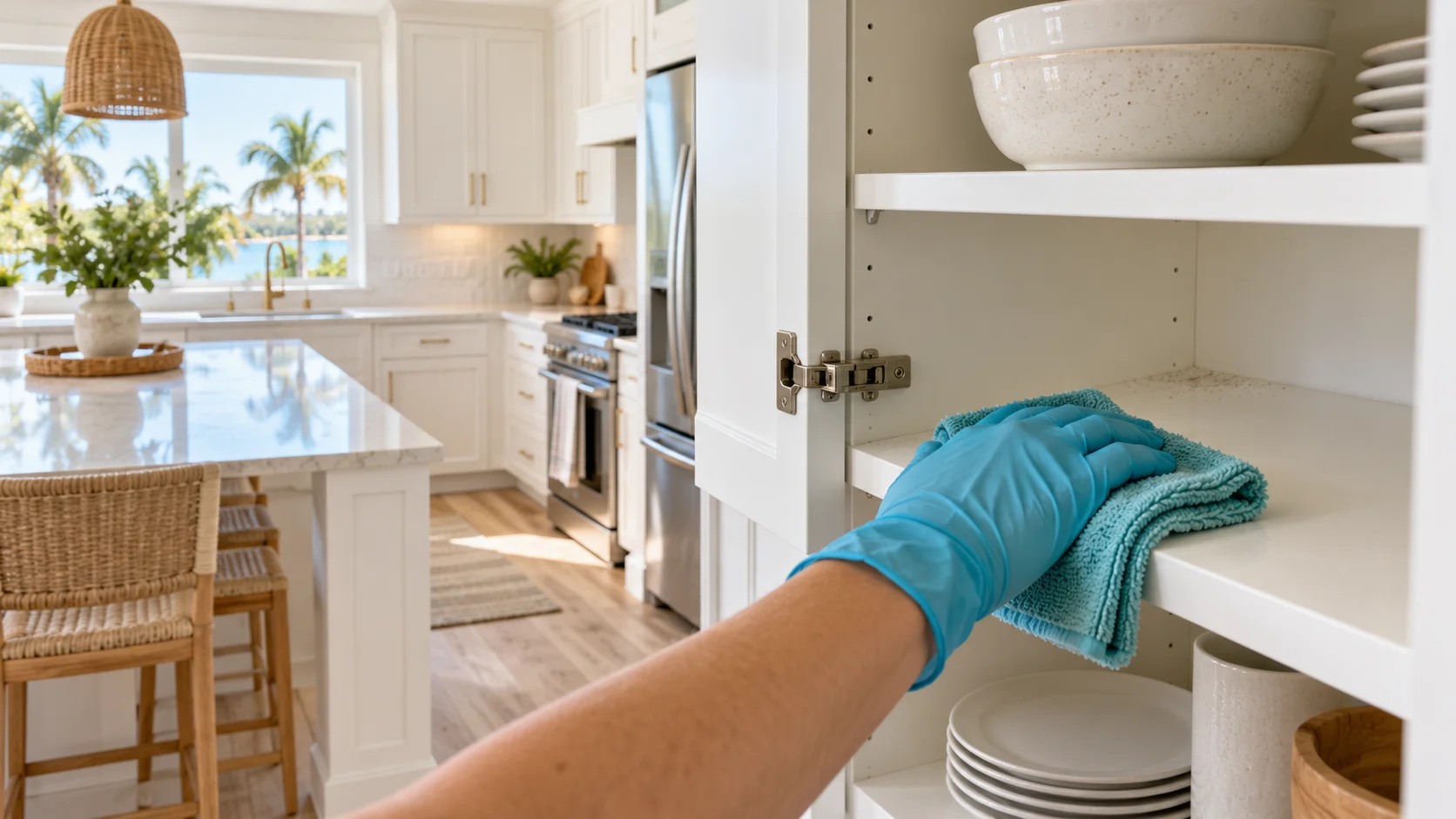 Gloved hand wiping an open white kitchen cabinet with a teal microfiber cloth in a remodeled coastal kitchen